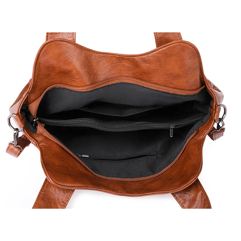 Grand sac à main vintage à bandoulière camel intérieur