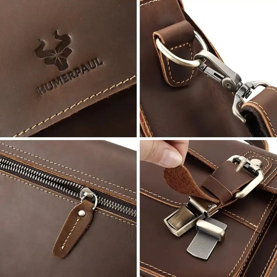 Besace en cuir homme vintage marron détails