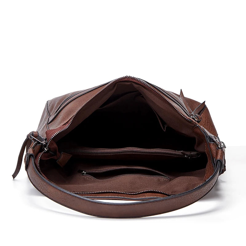 Grand sac bandoulière en cuir élégant marron foncé intérieur