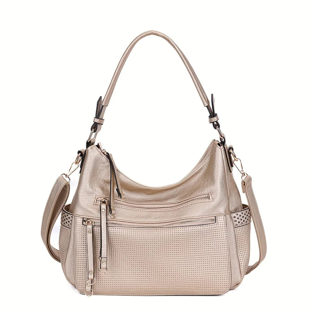 Grand sac à main bandoulière en cuir synthétique doré