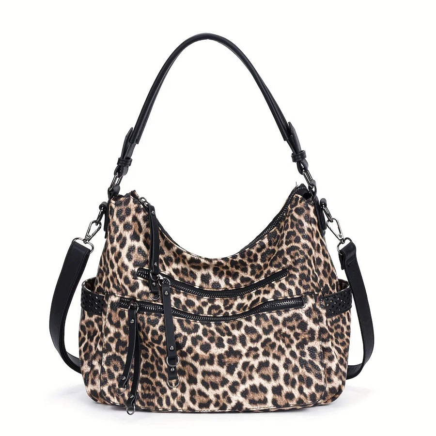 Grand sac à main bandoulière en cuir synthétique léopard