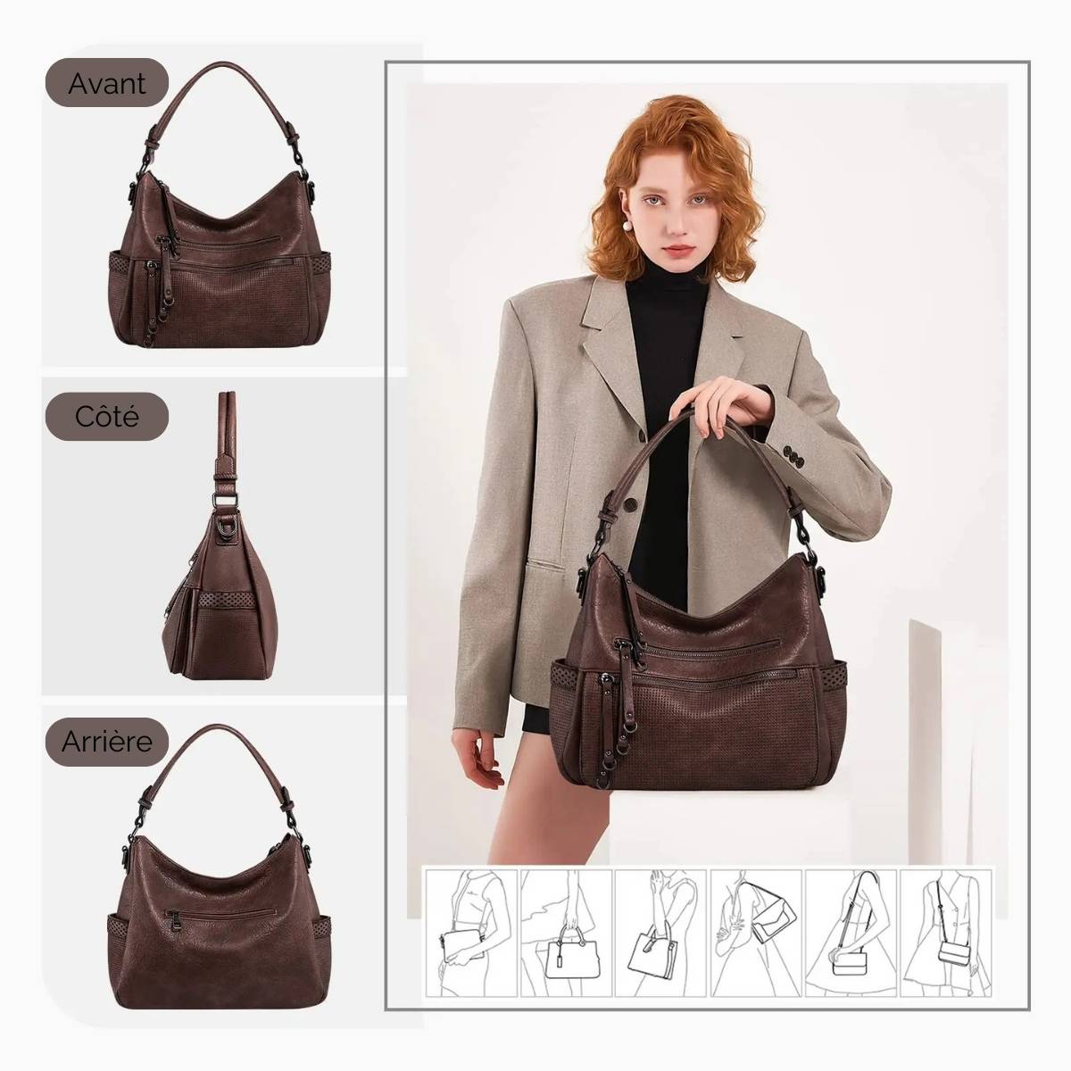 Grand sac à main bandoulière en cuir synthétique marron foncé 4 images