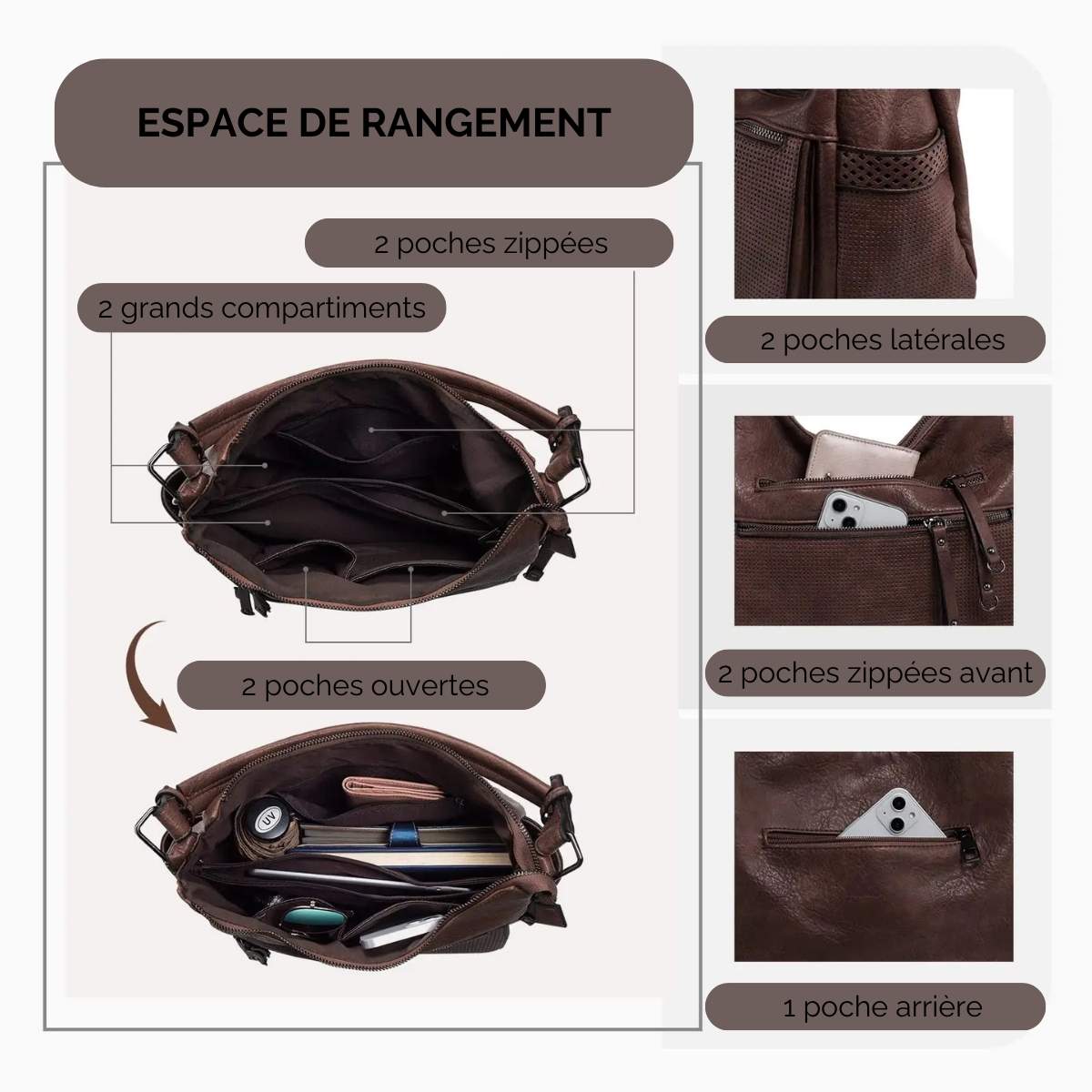 Grand sac à main bandoulière en cuir synthétique marron foncé rangement