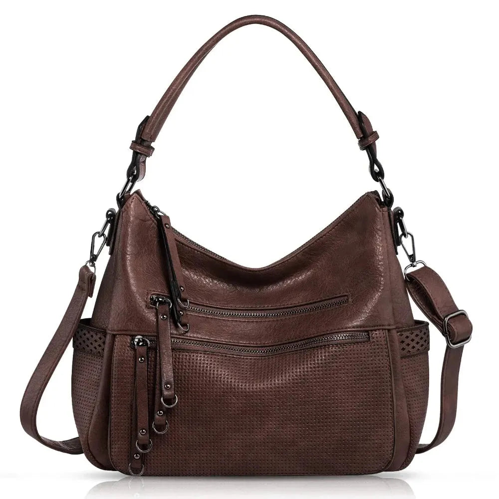 Grand sac à main bandoulière en cuir synthétique marron foncé