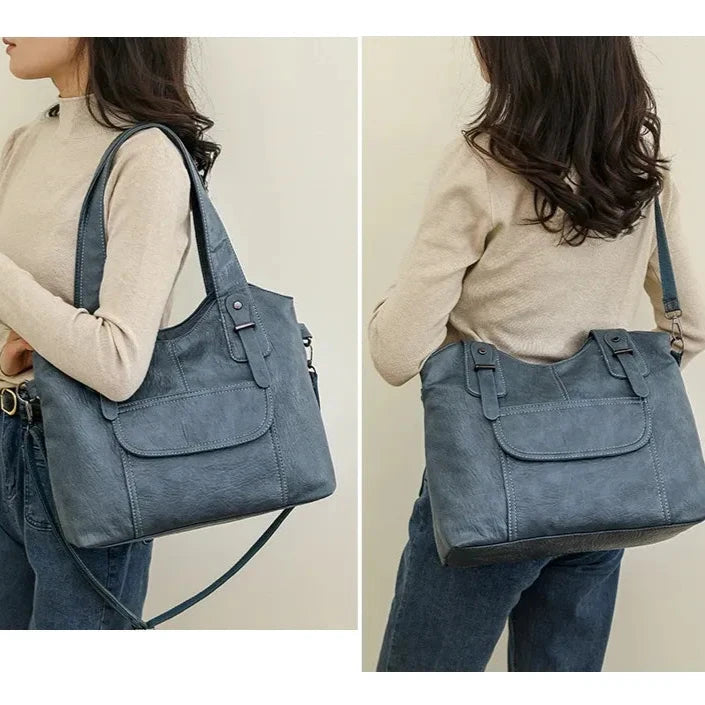 Grand sac à main vintage à bandoulière bleu femme