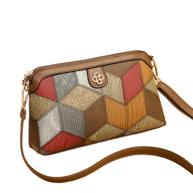 Petit sac bandoulière en cuir style patchwork marron