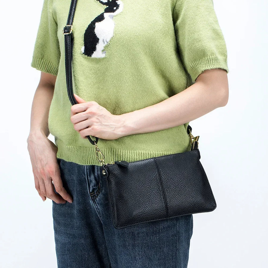 Pochette bandoulière en cuir véritable noir pour femme