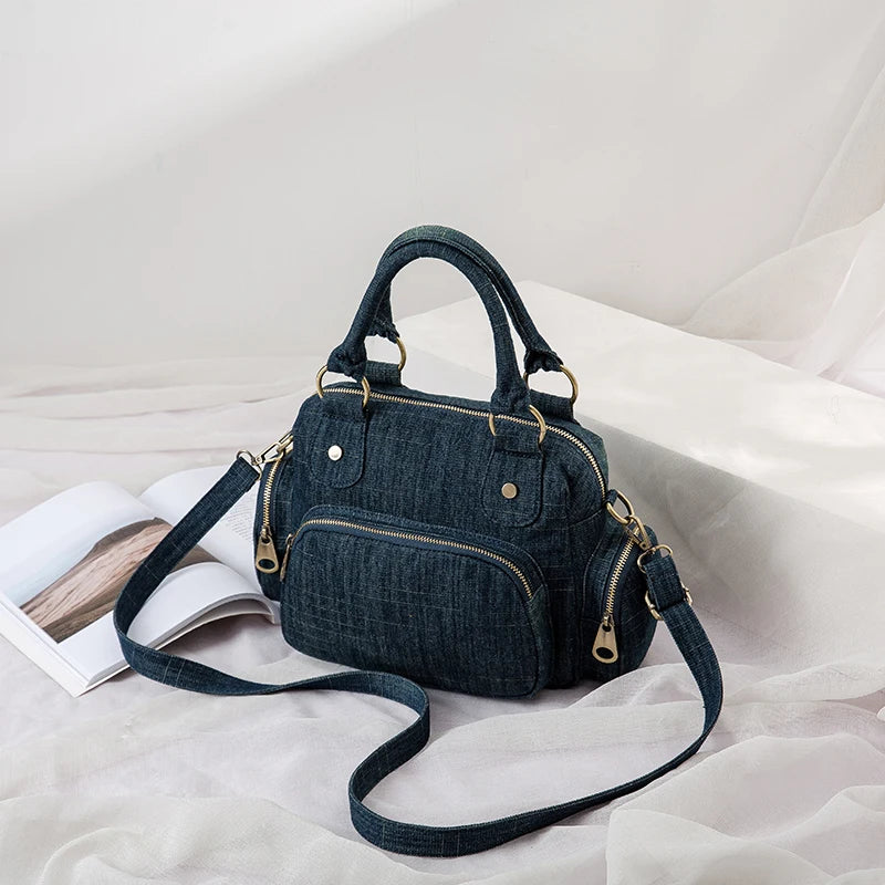 Sac à main bandoulière en jean compact bleu marine