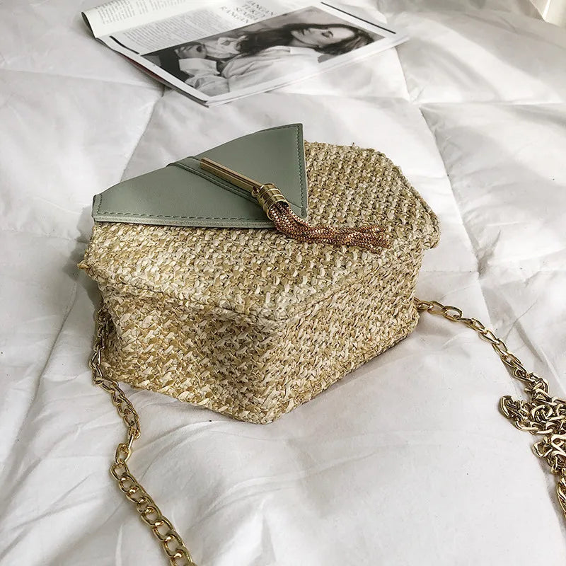 Sac bandoulière chaine en paille à plat