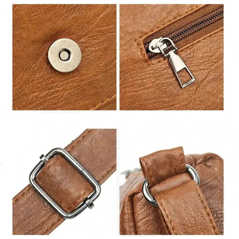 Sac bandoulière en cuir ornements coeur marron détails