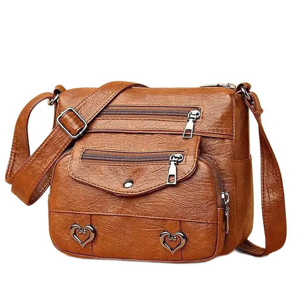 Sac bandoulière en cuir ornements coeur marron