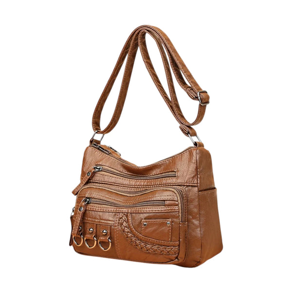Sac bandoulière cuir souple multiples poches marron