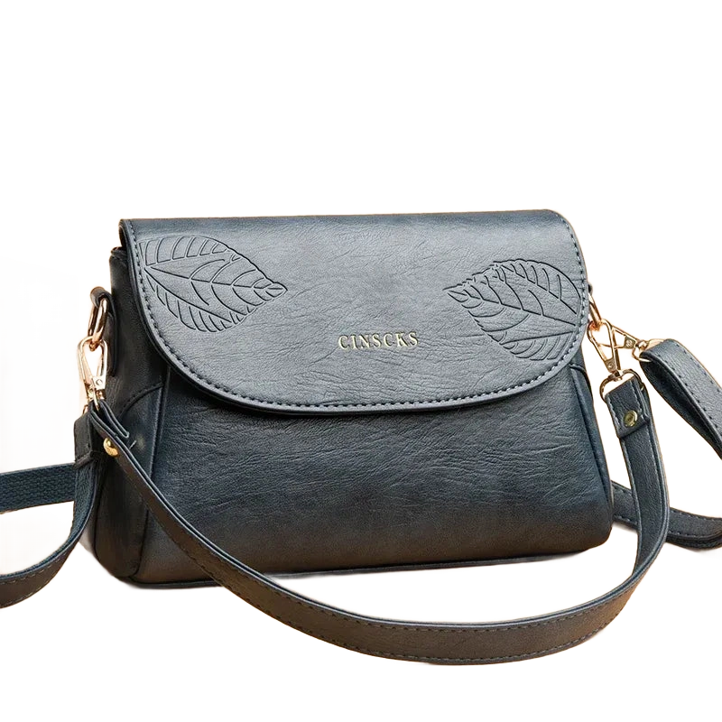 Sac bandoulière femme cuir bleu motif feuille 2 sangles