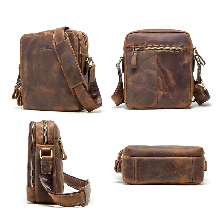 Sac bandoulière homme en cuir naturel marron 4 images