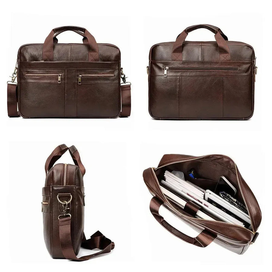 Sac bandoulière ordinateur en cuir marron 4 images