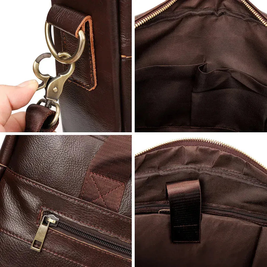 Sac bandoulière ordinateur en cuir marron détails