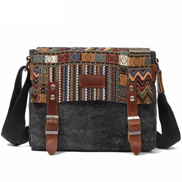 Sac bandoulière tissu ethnique noir