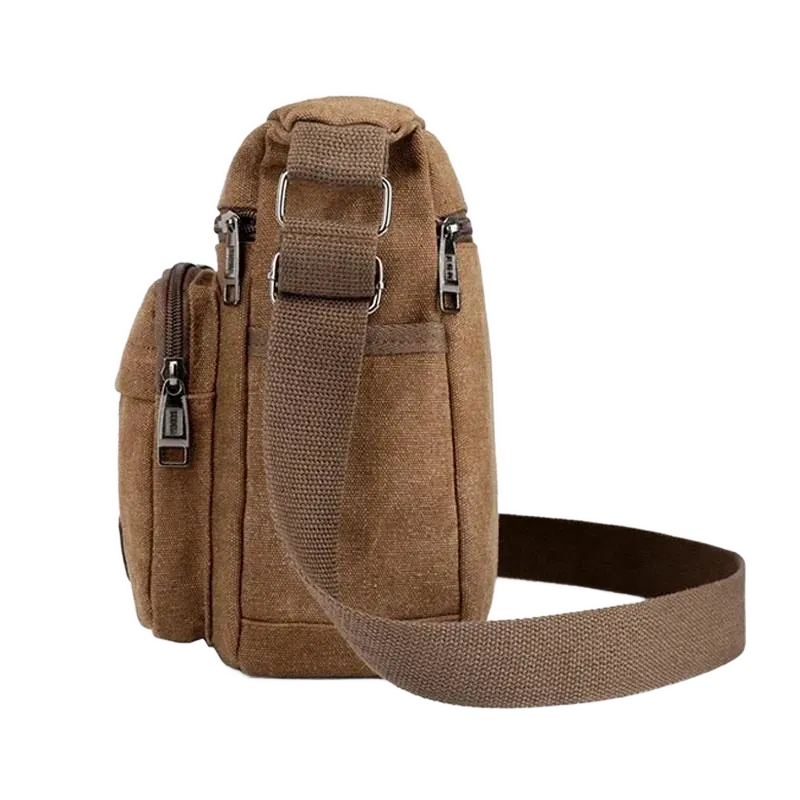 Sac bandoulière en toile unisexe marron de côté