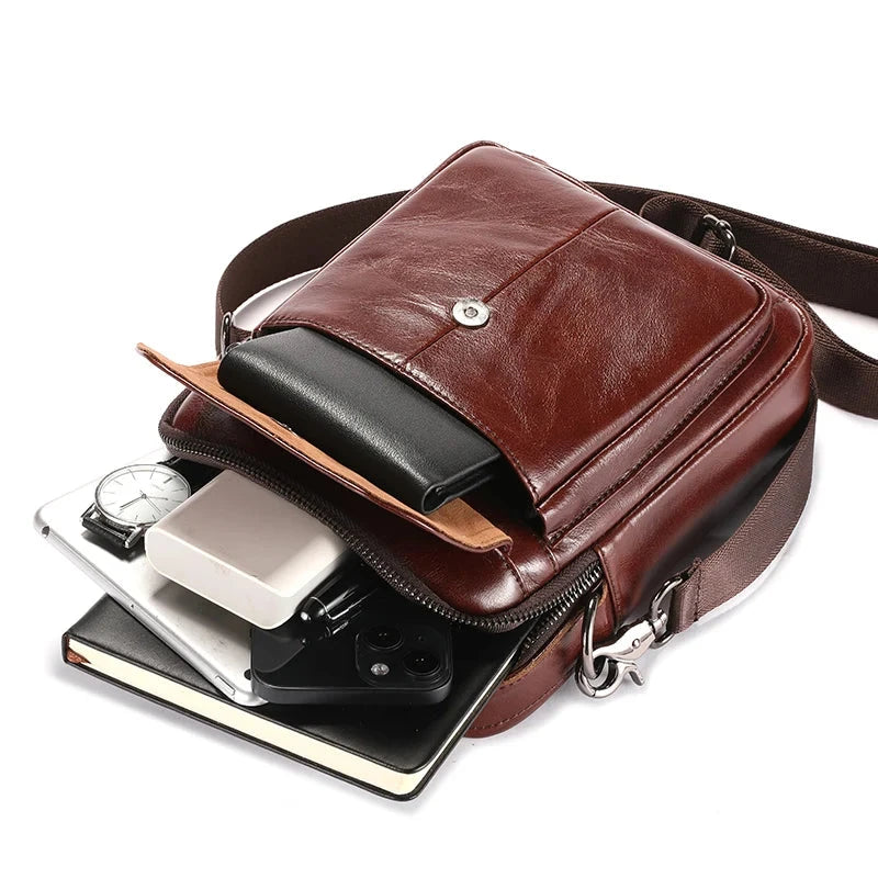 Sac bandoulière vintage en cuir véritable marron plein