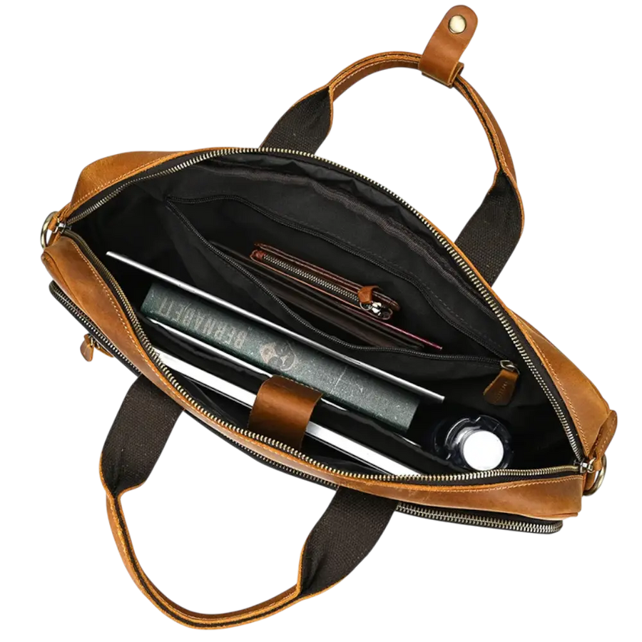 Sac cartable en bandoulière marron intérieur bien agencé