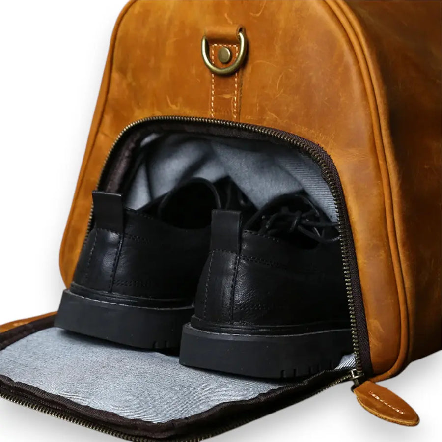 Sac de voyage homme cuir vintage camel compartiment chaussures