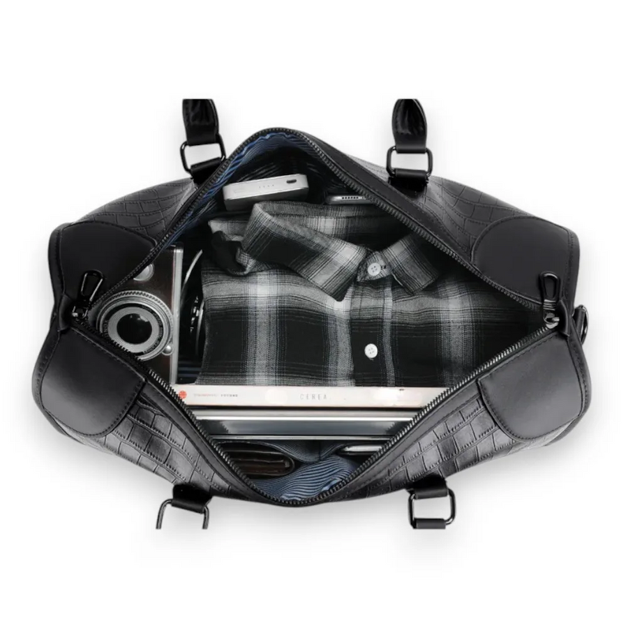 Sac de voyage imitation crocodile noir rempli