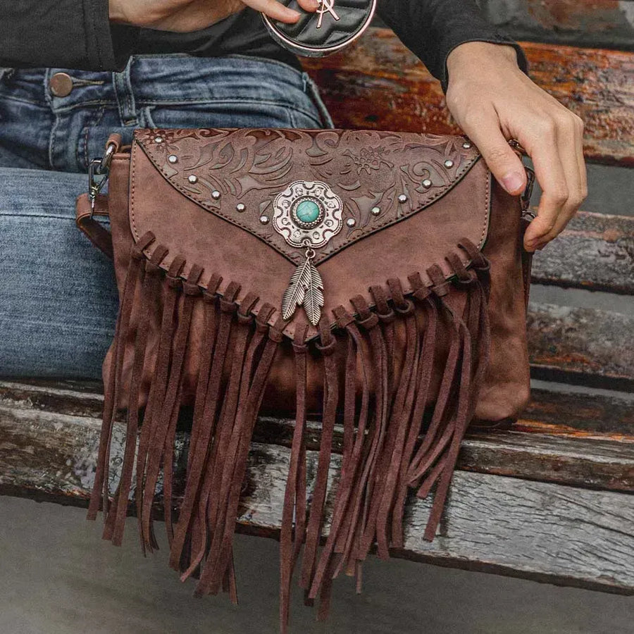 Sac à franges bandoulière marron foncé femme
