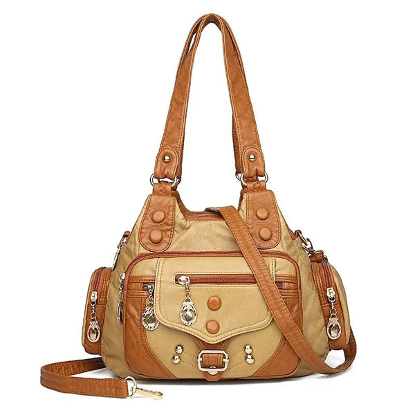 Sac à main multi-poches en cuir camel avec bandoulière