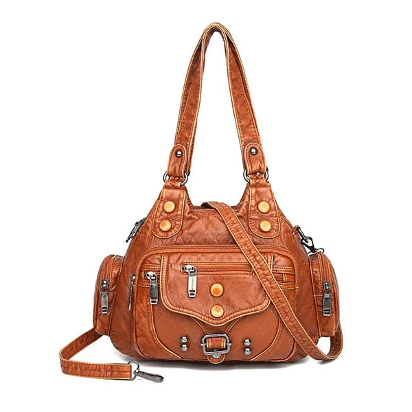 Sac à main multi-poches en cuir marron avec bandoulière