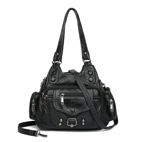 Sac à main multi-poches en cuir noir avec bandoulière