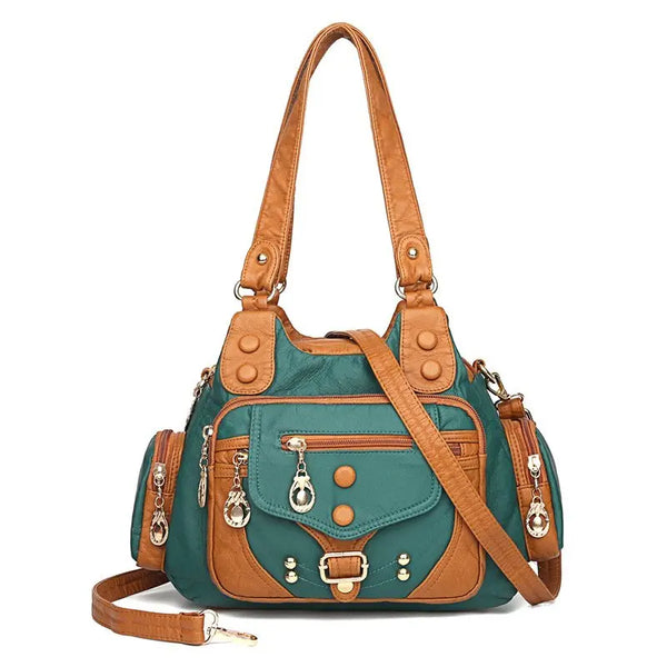 Sac à main multi-poches en cuir vert avec bandoulière