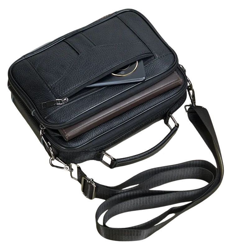 Sacoche bandoulière en cuir homme noir à plat