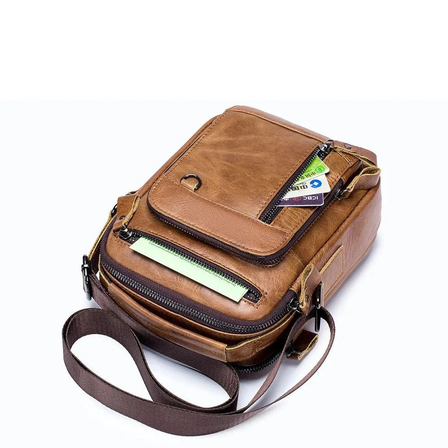Sacoche pratique en cuir homme camel poches