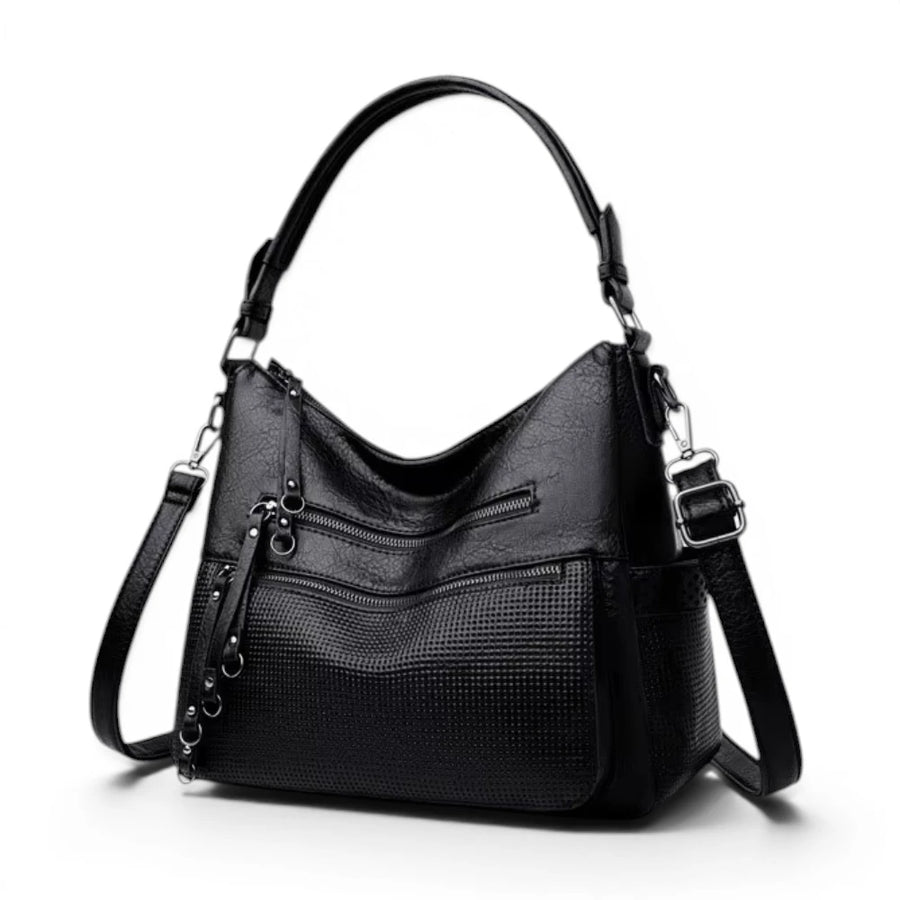 Grand sac à main bandoulière en simili cuir noir, vue de trois quarts