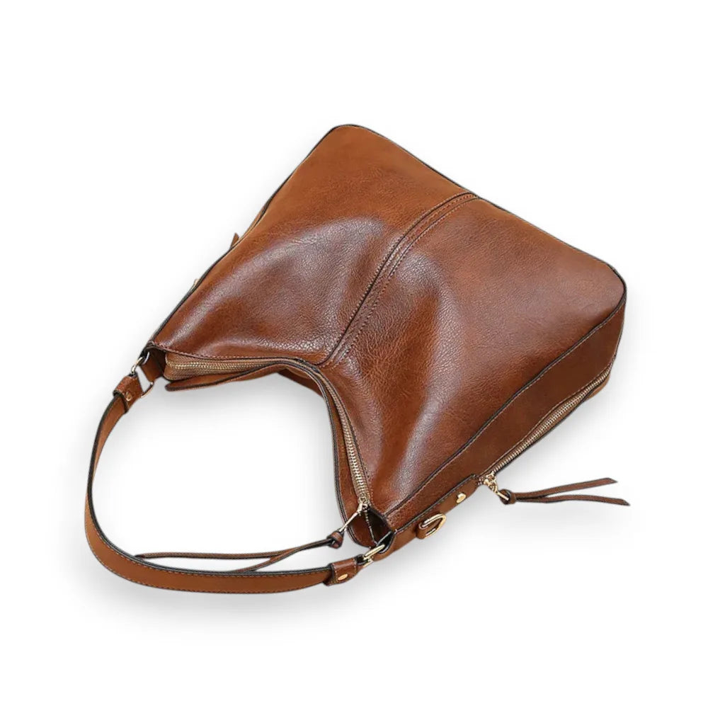 Grand sac bandoulière pour femme en cuir marron à plat