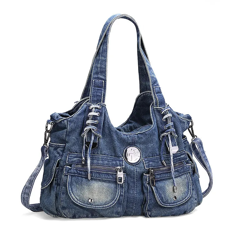 Grand sac bandoulière en jean bleu, vue de trois quarts