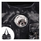 Grand sac bandoulière en jean noir, détails plaque