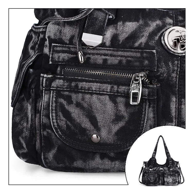 Grand sac bandoulière en jean noir, détails poche