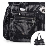 Grand sac bandoulière en jean noir, détails poche