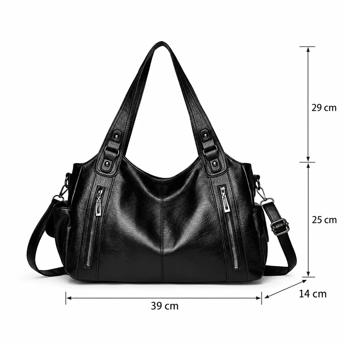 Dimensions du grand sac à main noir : 39 x 14 x 25 cm