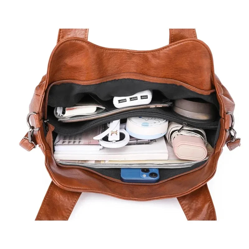 Grand sac à main vintage à bandoulière camel intérieur rempli