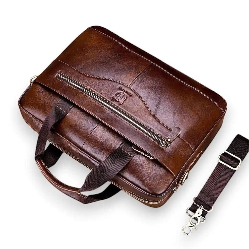 Sac ordinateur Le Sac Bandoulière en cuir véritable marron pour PC 14 pouces avec bandoulière amovible et poches zippées