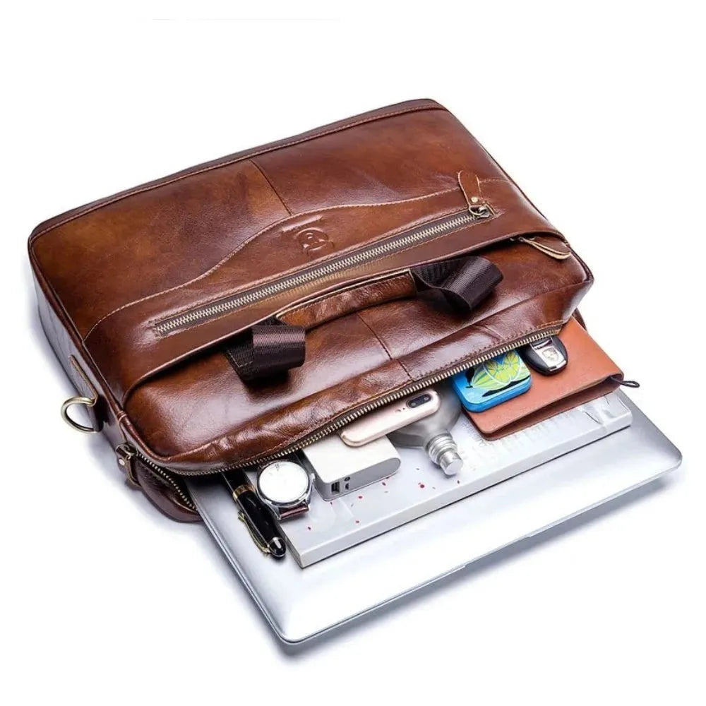 Sac ordinateur Le Sac Bandoulière en cuir marron véritable avec compartiment 14 pouces et poches de rangement