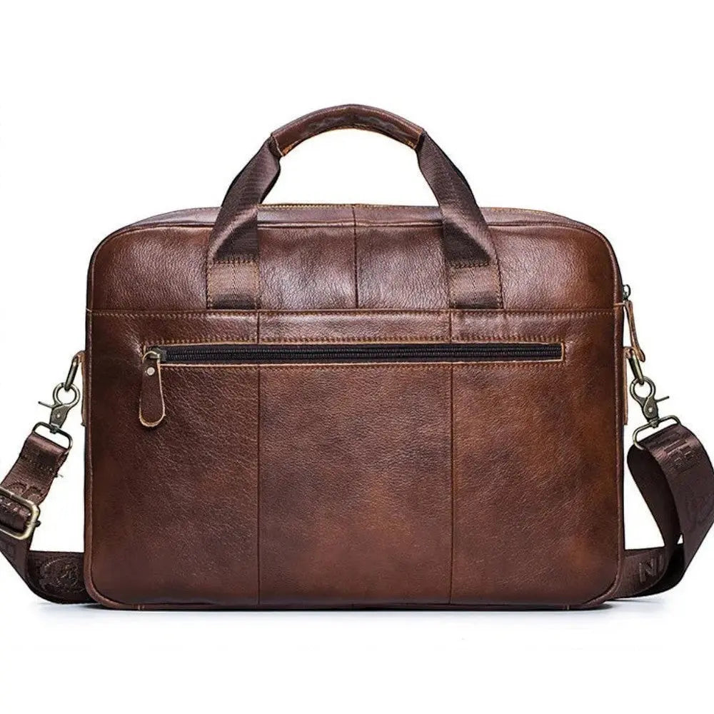 Sac ordinateur Le Sac Bandoulière en cuir véritable marron avec poches zippées et bandoulière réglable, vue arrière
