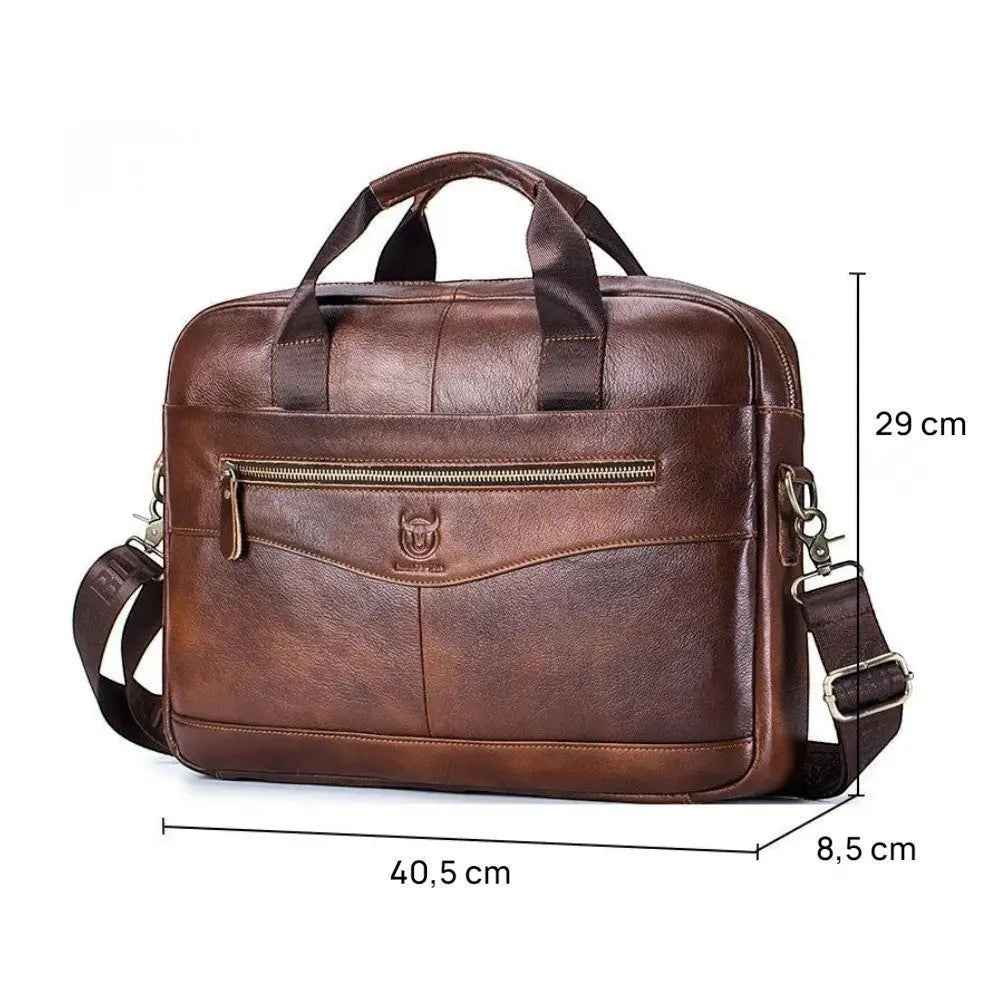 Sac ordinateur Le Sac Bandoulière en cuir marron pour PC 14 pouces avec poches zippées et bandoulière réglable, dimensions