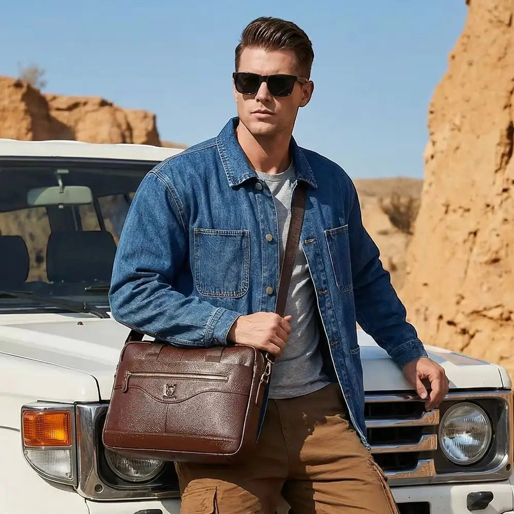 Homme portant un sac ordinateur Le Sac Bandoulière en cuir marron devant un 4x4 dans un paysage désertique