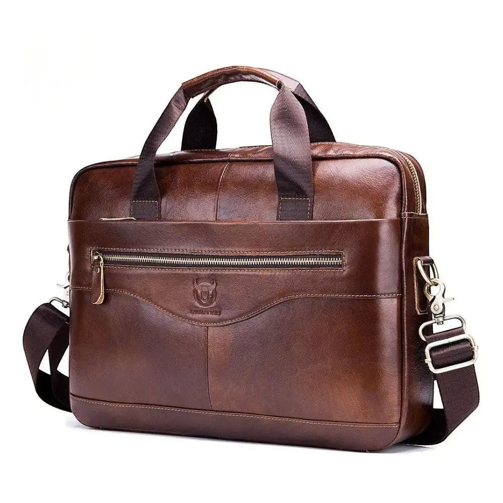 Sac ordinateur Le Sac Bandoulière en cuir marron véritable, format 14 pouces avec poches zippées pour le travail, vue de trois quarts