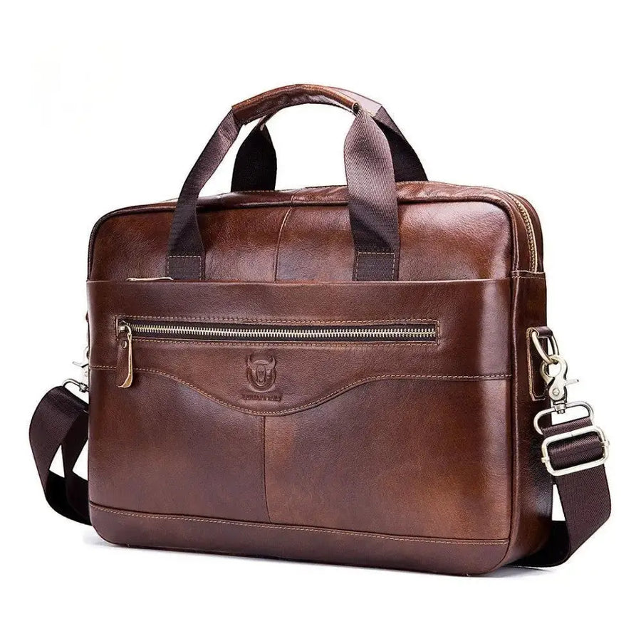 Sac ordinateur Le Sac Bandoulière en cuir marron véritable, format 14 pouces avec poches zippées pour le travail, vue de trois quarts