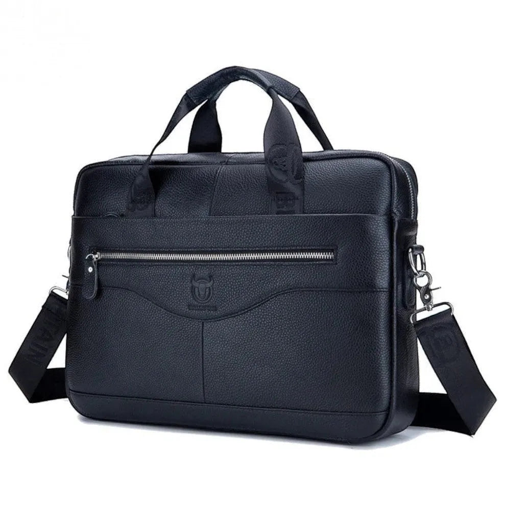 Sac ordinateur Le Sac Bandoulière en cuir noir grainé, format 14 pouces avec bandoulière et poches zippées business