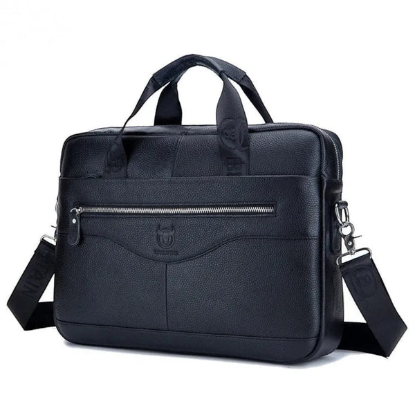 Sac ordinateur Le Sac Bandoulière en cuir noir grainé, format 14 pouces avec bandoulière et poches zippées business